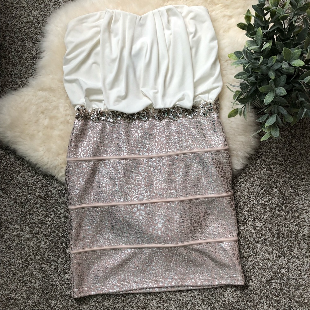 White, Nude, and Silver Strapless Bodycon Dress